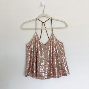 Michel Rose Gold Sequin Top with Chain Straps